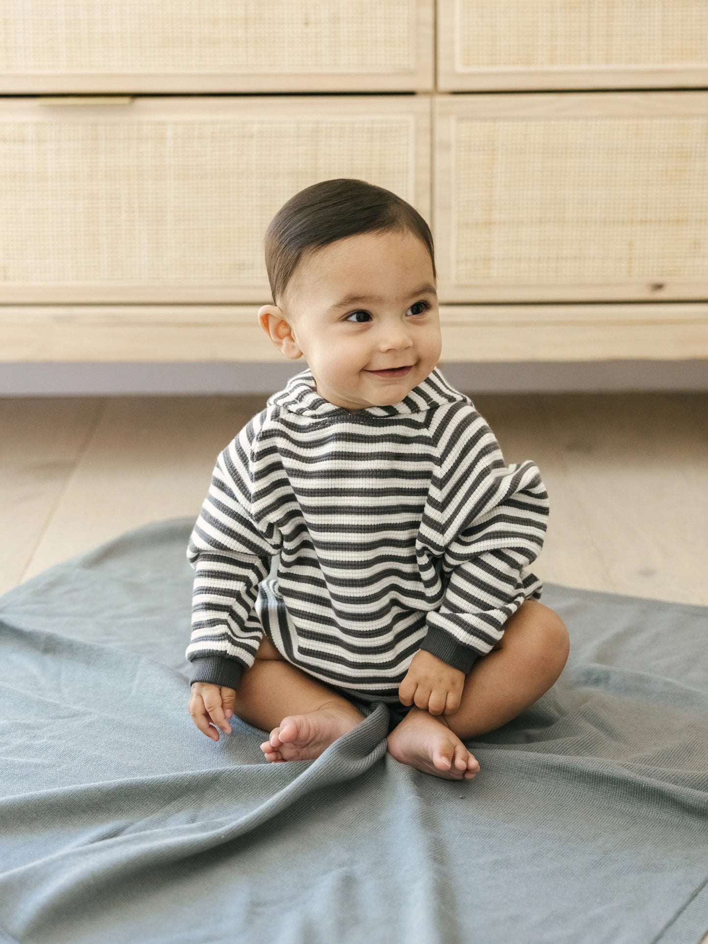 Waffle Hooded Bubble Romper (Charcoal Stripe)