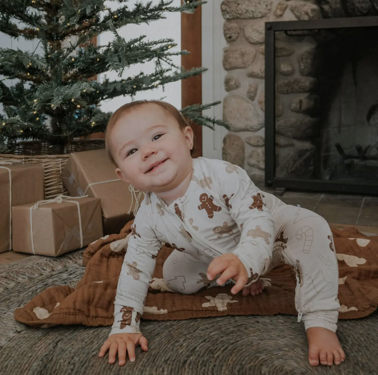 Gingerbread bamboo zip romper