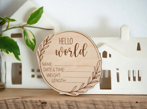 Wood Baby Birth Announcement Sign - hello world